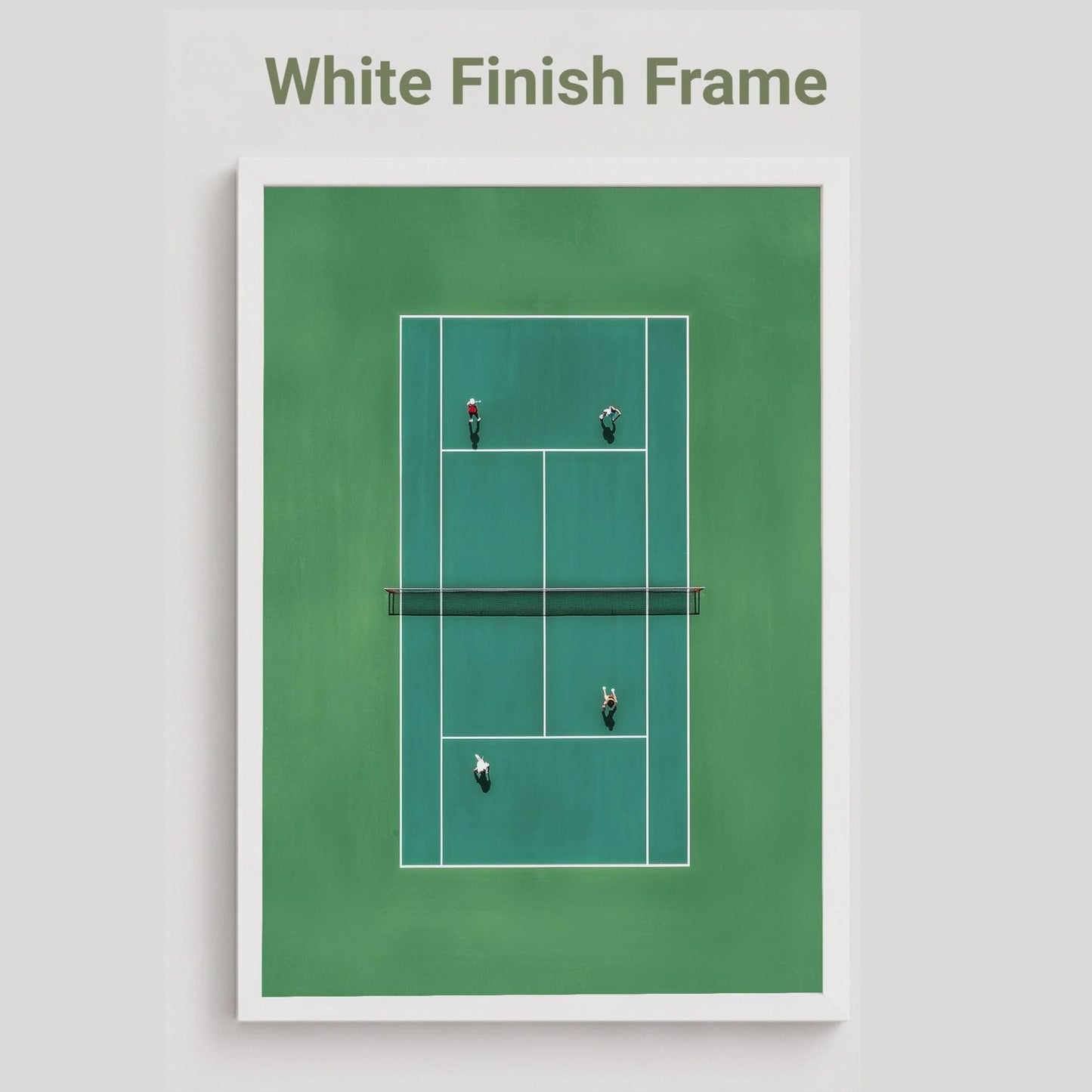 White framed artwork of a tennis court in miniature from above 
