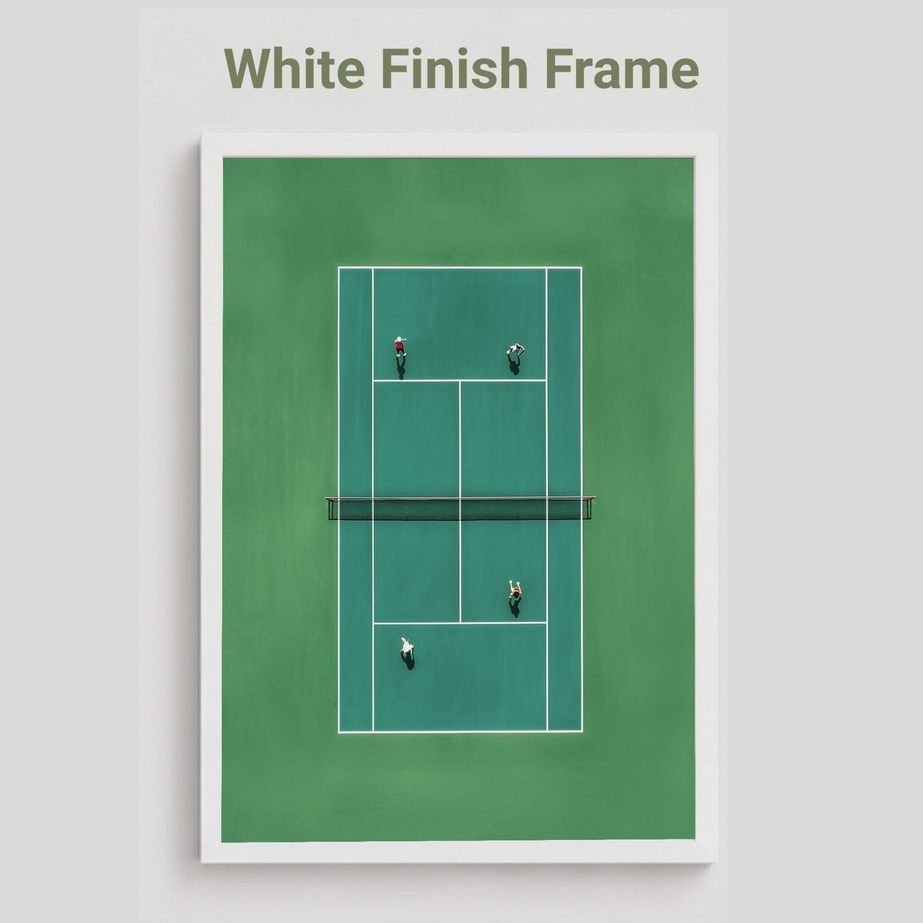 White framed artwork of a tennis court in miniature from above 