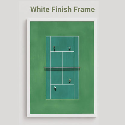 White framed artwork of a tennis court in miniature from above 