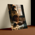 A vertical art print depicting a classical painting of a woman looking out a window over a body on the floor, shown leaning against a wall in a room setting. Sapphic, wlw.