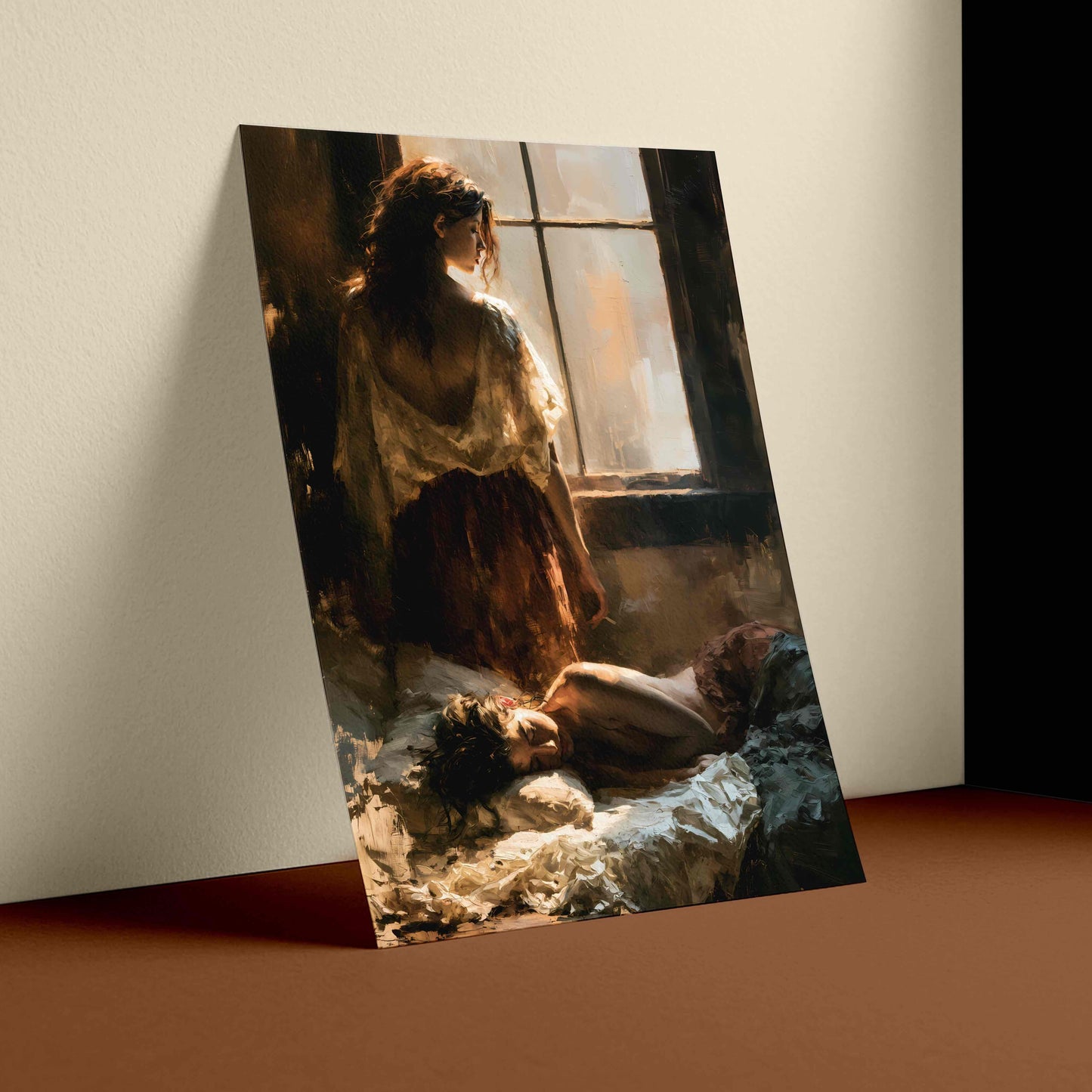 A vertical art print depicting a classical painting of a woman looking out a window over a body on the floor, shown leaning against a wall in a room setting. Sapphic, wlw.