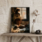 A framed art print depicting a woman by a window in warm, moody lighting, styled on a rustic wooden table against a textured white wall with a glass vase and decorative spheres. Sapphic, wlw.