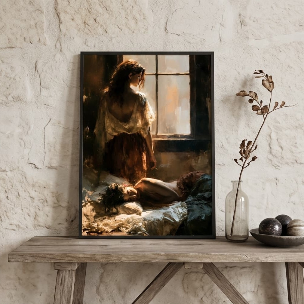 A framed art print depicting a woman by a window in warm, moody lighting, styled on a rustic wooden table against a textured white wall with a glass vase and decorative spheres. Sapphic, wlw.