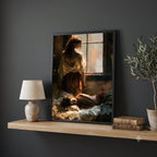 A framed art print depicting a woman by a window in a dimly lit room, displayed on a wooden shelf against a dark gray wall, styled with a table lamp, books, and a potted plant. Sapphic, wlw.
