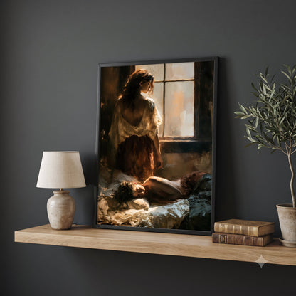 A framed art print depicting a woman by a window in a dimly lit room, displayed on a wooden shelf against a dark gray wall, styled with a table lamp, books, and a potted plant. Sapphic, wlw.