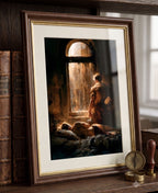 A framed art print depicting a classical scene with a figure by a window, displayed on a wooden shelf next to antique books and desk accessories.