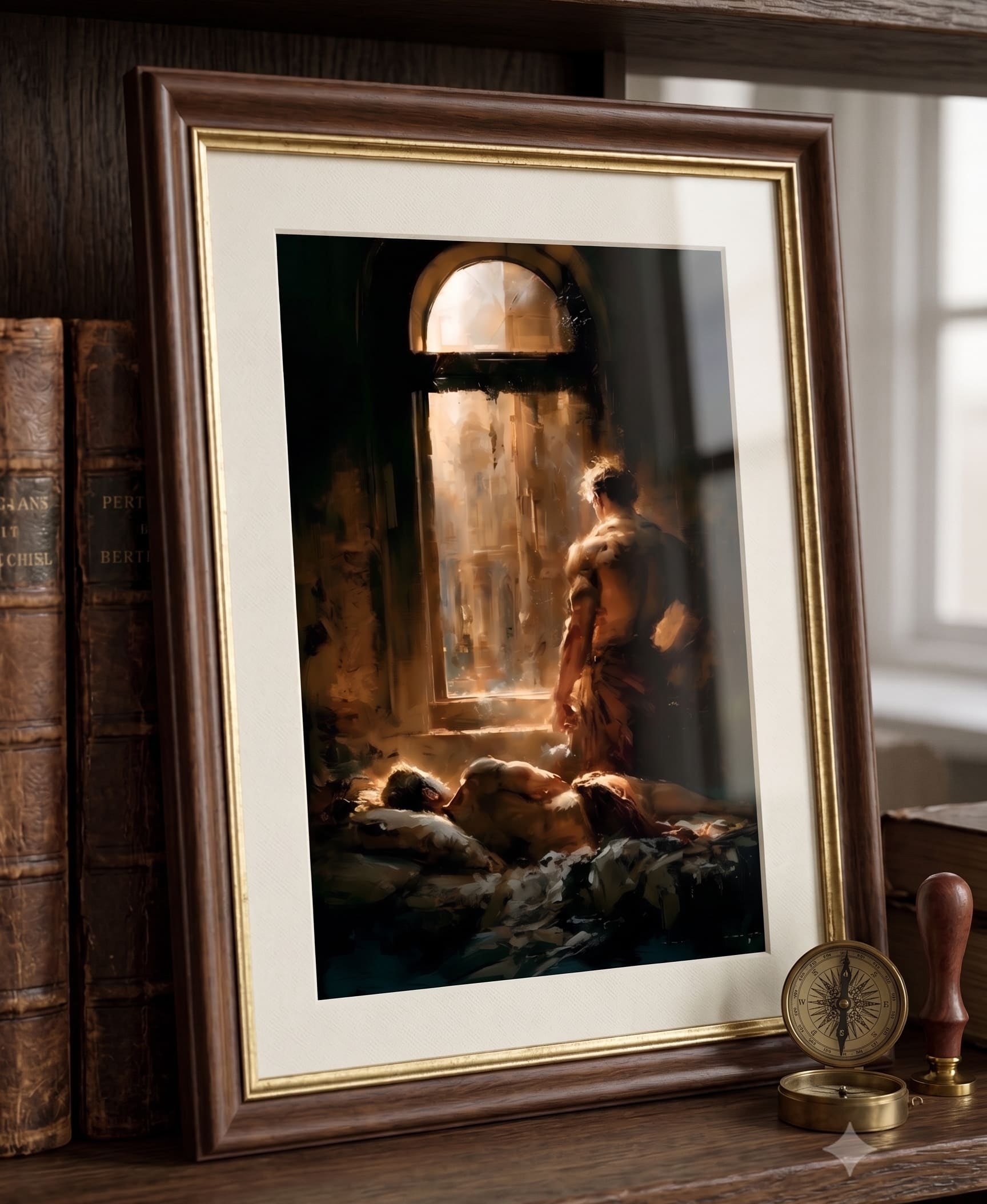 A framed art print depicting a classical scene with a figure by a window, displayed on a wooden shelf next to antique books and desk accessories.