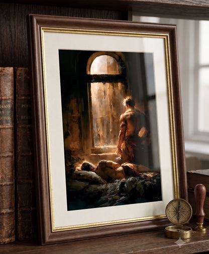 A framed art print depicting a classical scene with a figure by a window, displayed on a wooden shelf next to antique books and desk accessories.
