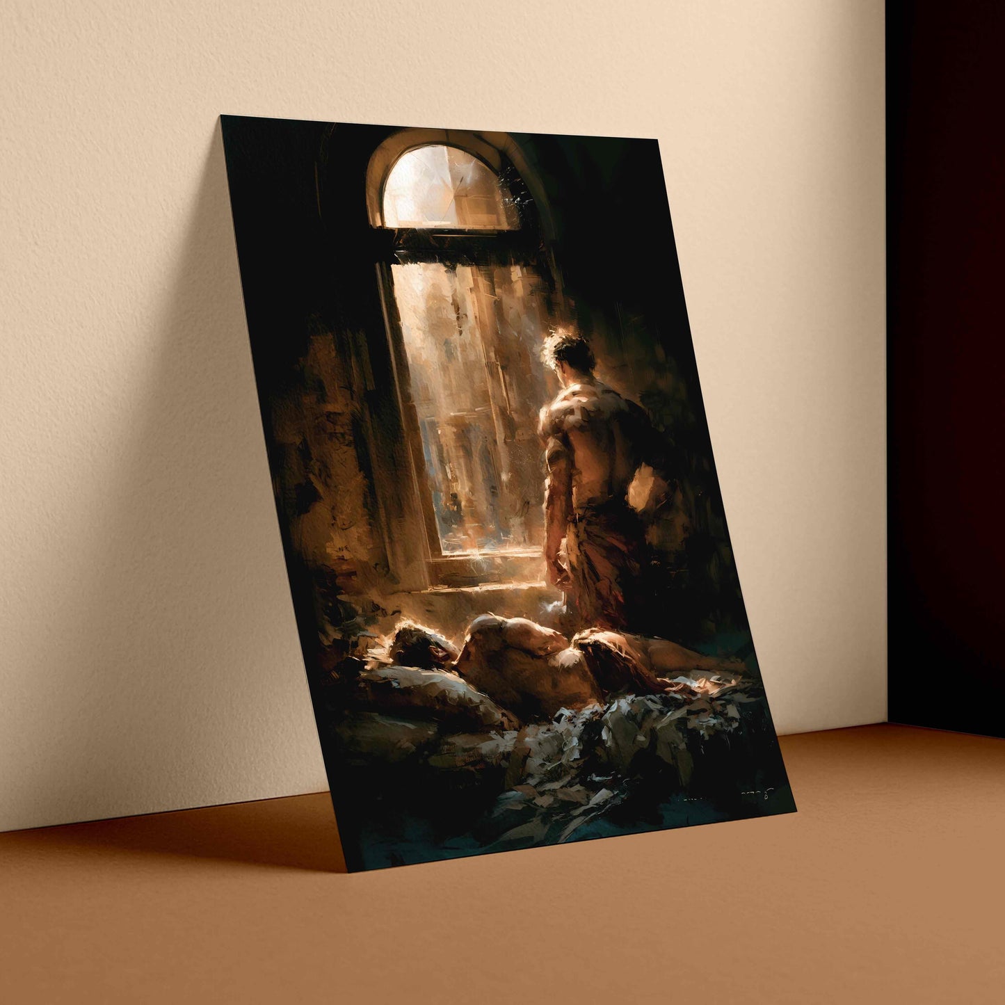 A vertical art print depicting a classical scene of a figure looking out of a window onto sleeping figures, shown leaning against a beige wall on a brown surface.