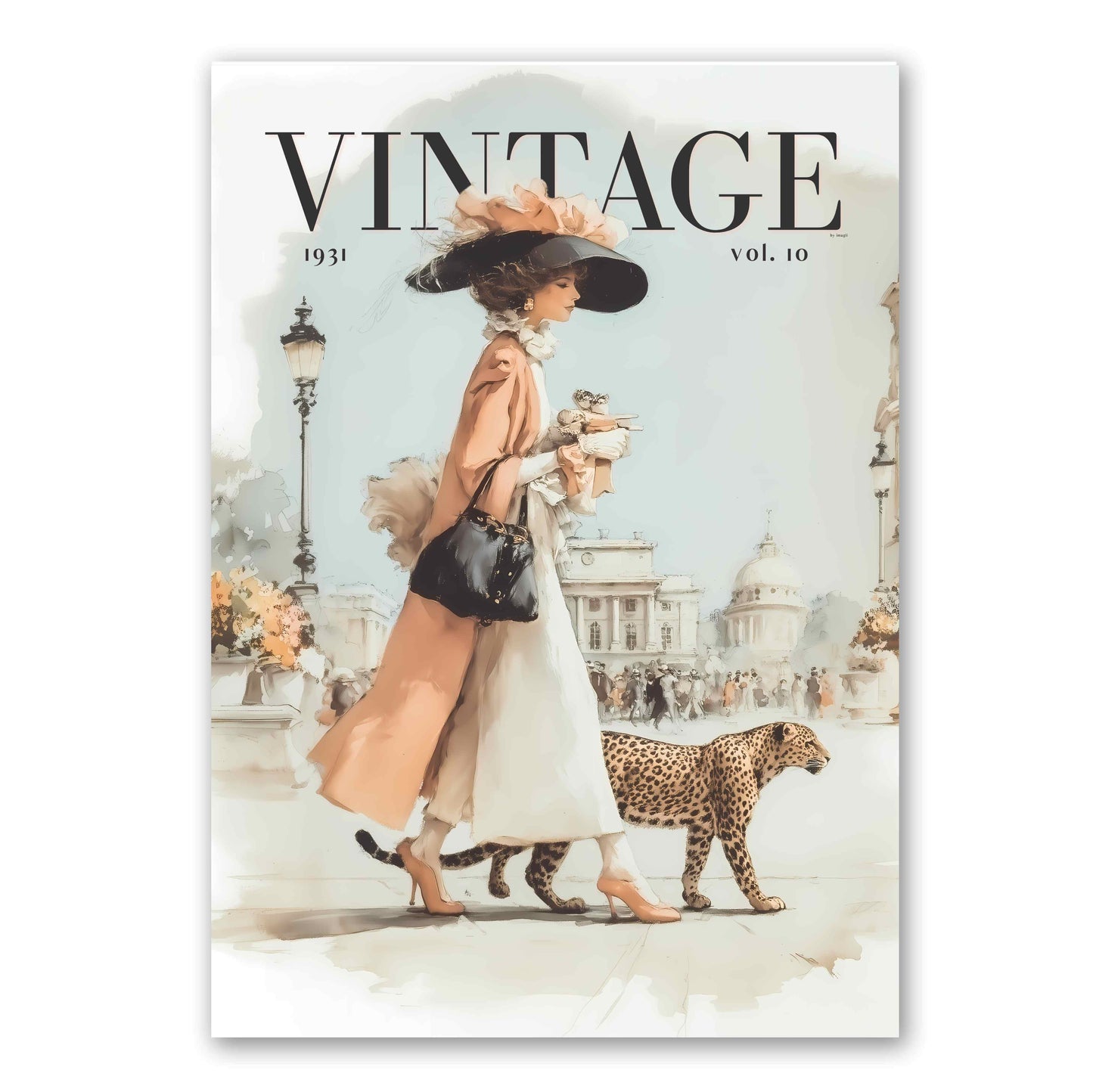 Vintage-style illustrated poster or print featuring a woman in a peach coat and large hat walking a leopard in an urban square, with the word VINTAGE and '1931 vol. 10' at the top.