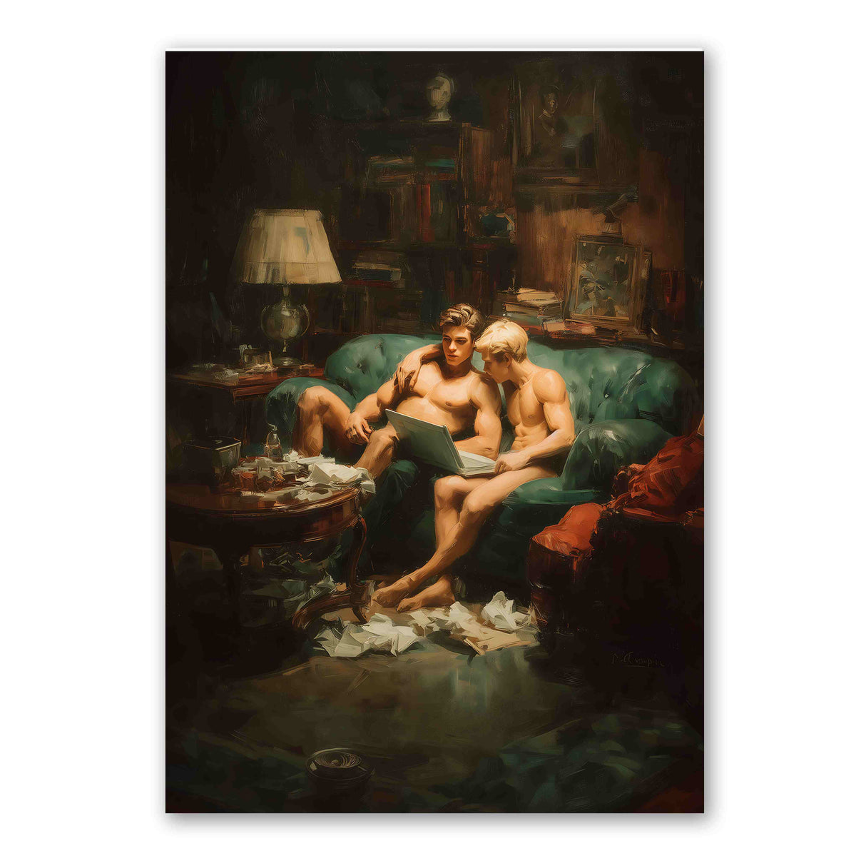 A vertical art print depicting a dark, vintage-style painting of two shirtless men reclining on a teal sofa in a dimly lit room, with a lamp, table, and scattered papers in the foreground.