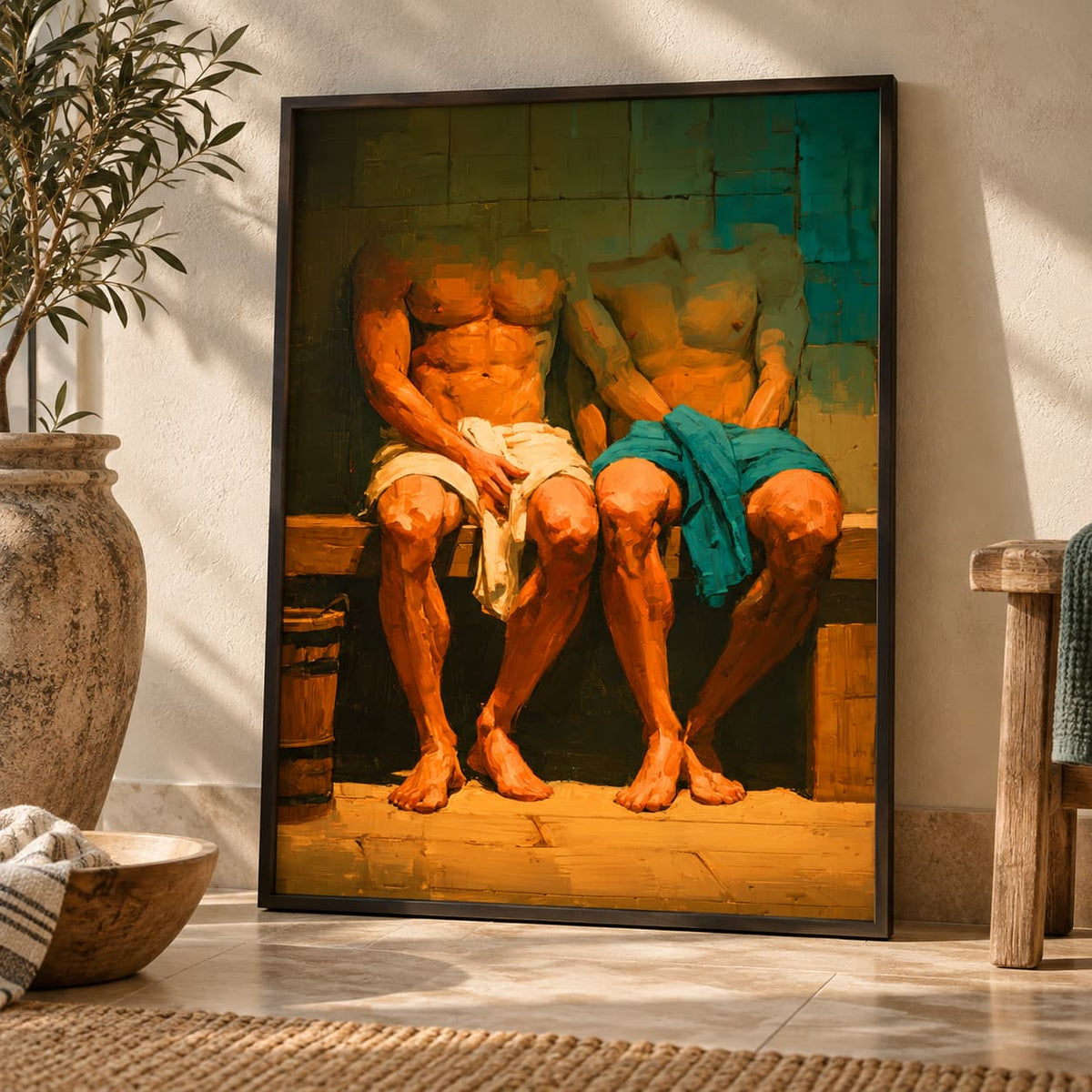 A framed art print leaning against a beige wall in a styled interior. The print depicts two shirtless seated figures with warm golden skin tones, one wrapped in white cloth and the other in teal-blue cloth, set against a teal and brown background.
