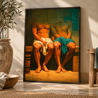A framed art print leaning against a beige wall in a styled interior. The print depicts two shirtless seated figures with warm golden skin tones, one wrapped in white cloth and the other in teal-blue cloth, set against a teal and brown background.