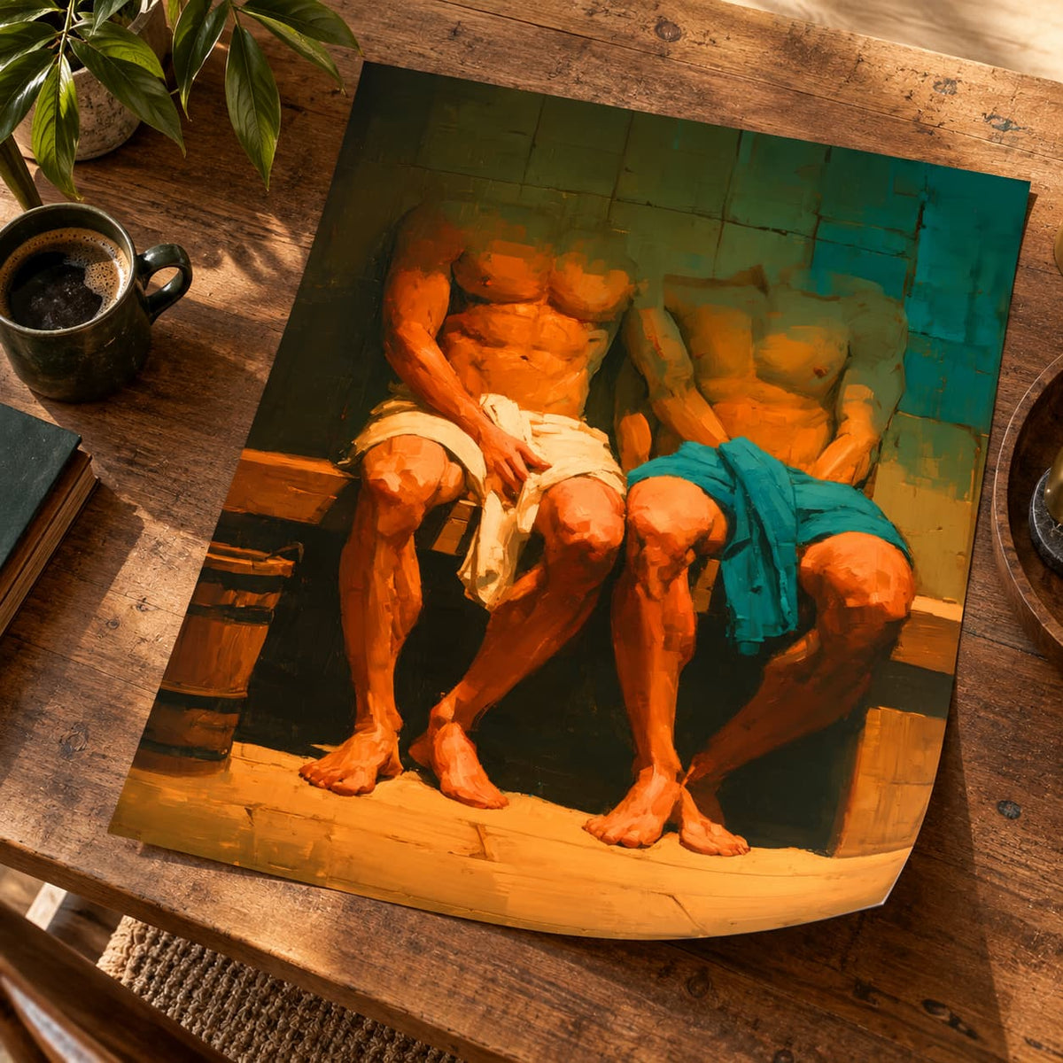 A large art print depicting two muscular men sitting on a bench, one wrapped in a white towel and the other in a teal towel, displayed on a rustic wooden table next to a coffee cup and a potted plant.