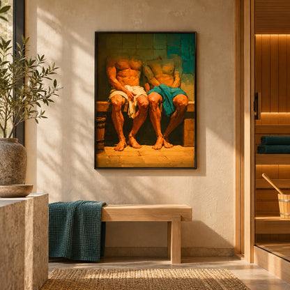A framed art print depicting two men sitting on a bench in a sauna-like interior, displayed on a textured beige wall above a wooden bench with a teal towel in a spa-like room.
