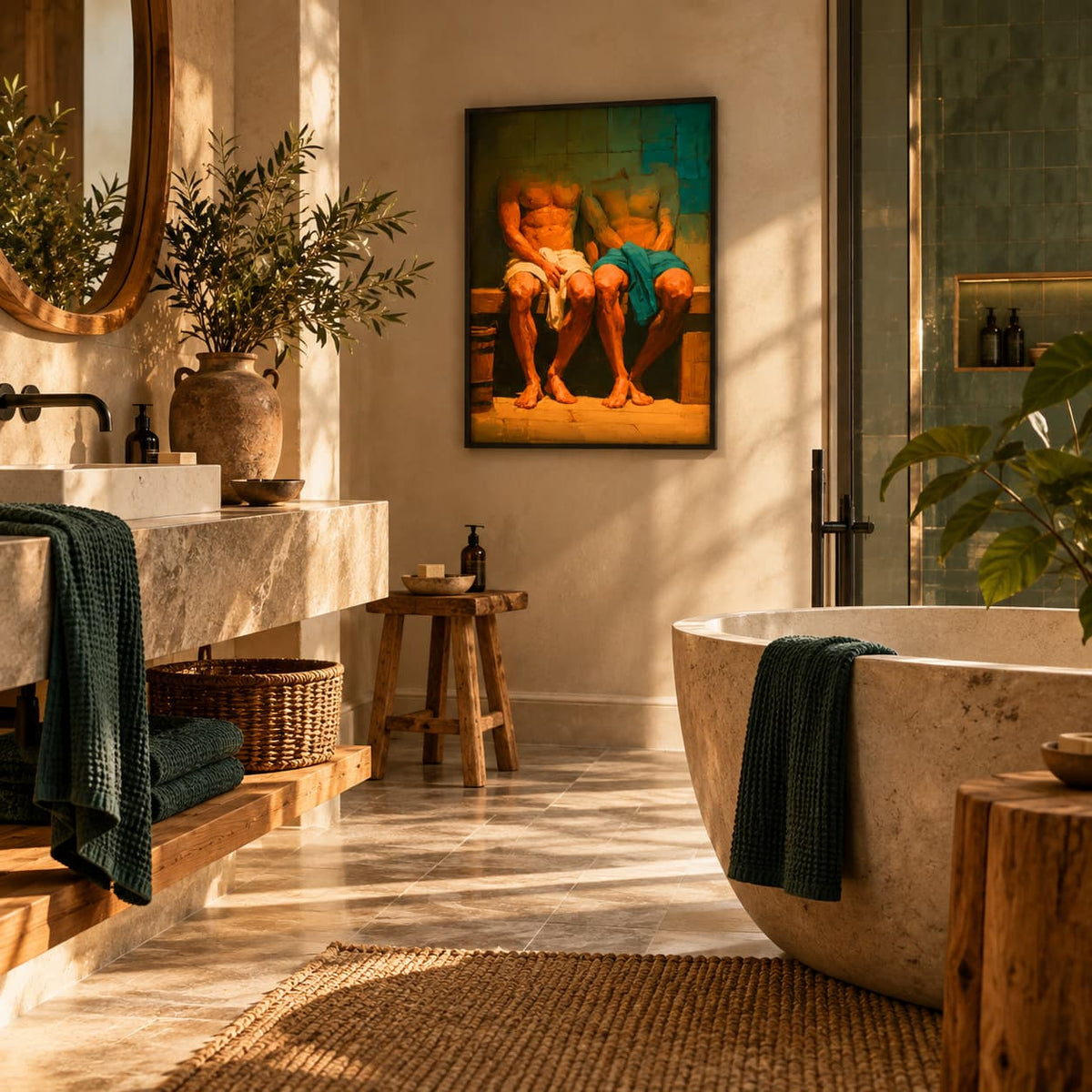 A warm, sunlit bathroom with a freestanding stone tub, double sinks, plants, and a framed wall art piece showing two seated figures. The room has beige walls and floor, with natural shadows cast across the space.