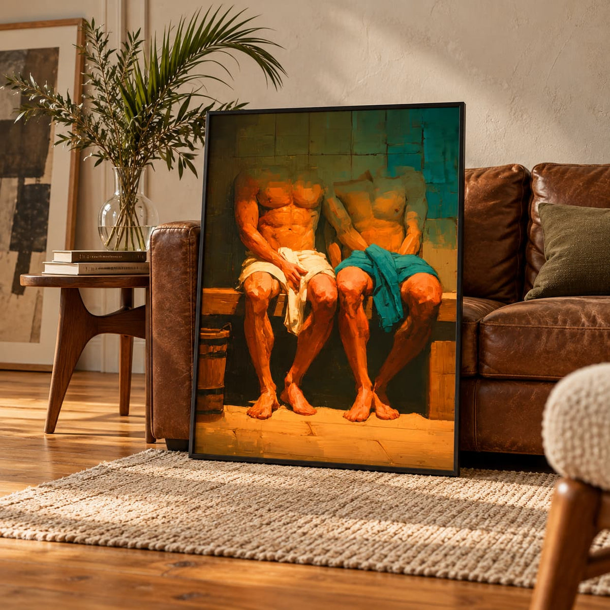 A framed art print depicting two muscular men sitting on a bench, leaning against a brown leather sofa in a warm, modern living room setting.