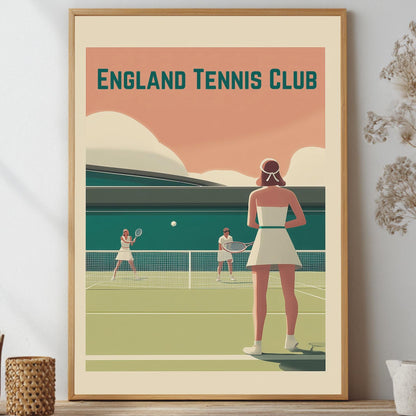 Framed poster of 'England Tennis Club' with a tennis court scene on a wall.