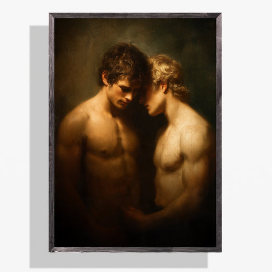A framed classical-style painting depicting two muscular, shirtless men embracing in a dark, dramatic light, shown against a light gray background.