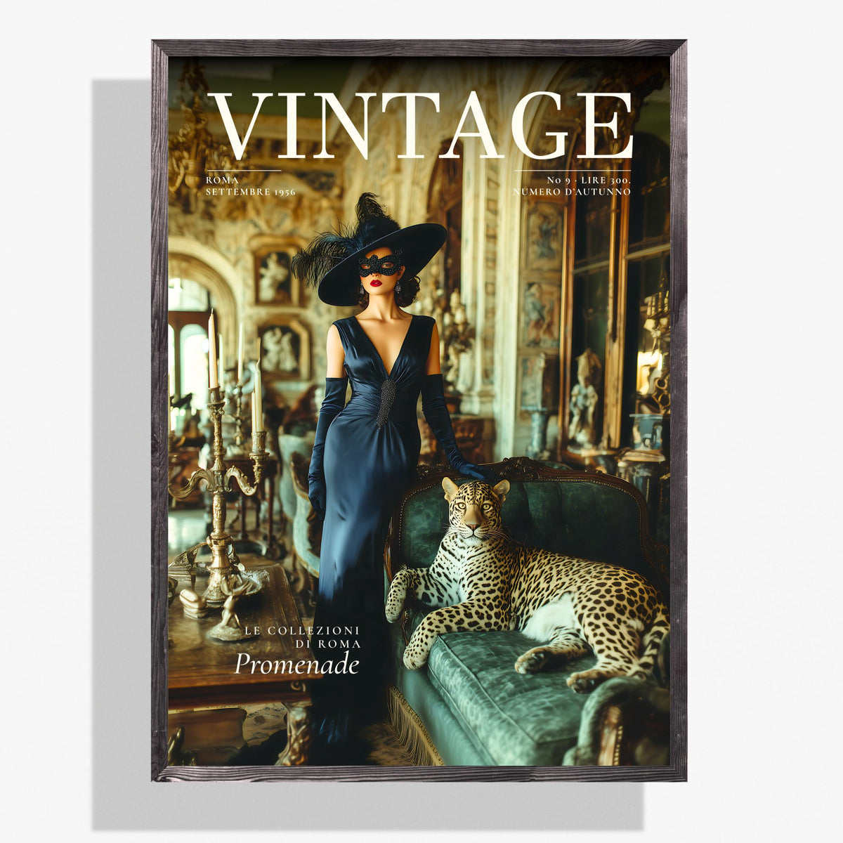 A framed vintage-style fashion magazine cover titled VINTAGE, featuring a woman in a long dark dress and wide-brimmed hat standing beside a leopard in an ornate interior. The framed print is shown against a light gray background with a soft shadow.