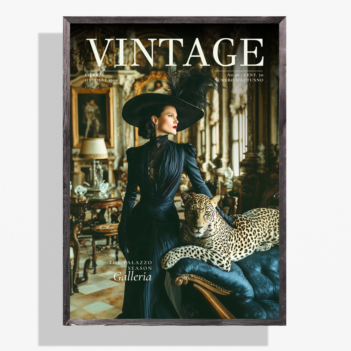 A framed vintage magazine cover featuring a woman in a dark blue dress and wide-brimmed hat beside a leopard in an ornate interior. The cover prominently displays the word 'VINTAGE' at the top.