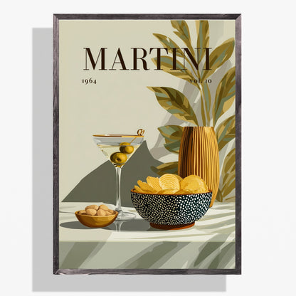 A framed vintage-style Martini poster on a light gray background. The artwork shows a martini glass with olives, a bowl of lemon slices, a small dish of nuts, and a striped vase with leaves, with the word "MARTINI" and the years "1964" and "1970" printed at the top.