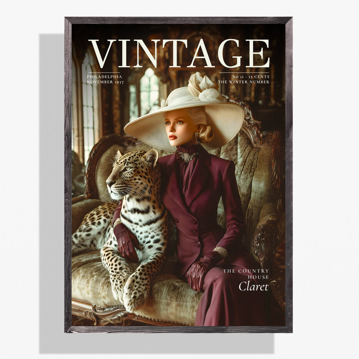 A framed vintage magazine cover featuring a woman in a wide-brimmed hat and dark plum dress seated beside a leopard, with the large title VINTAGE across the top. The framed print is shown against a light gray background.