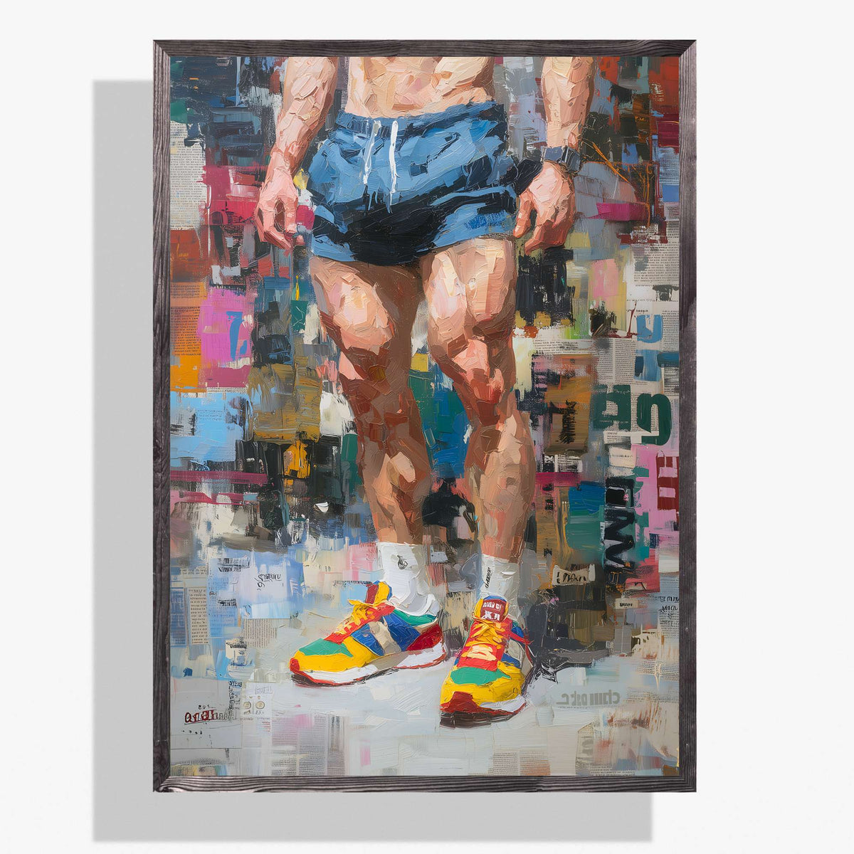 Newsprint gay pop art print in a black frame: an athletic man in blue running shorts, white socks and red, yellow and green trainers against a newspaper collage background.