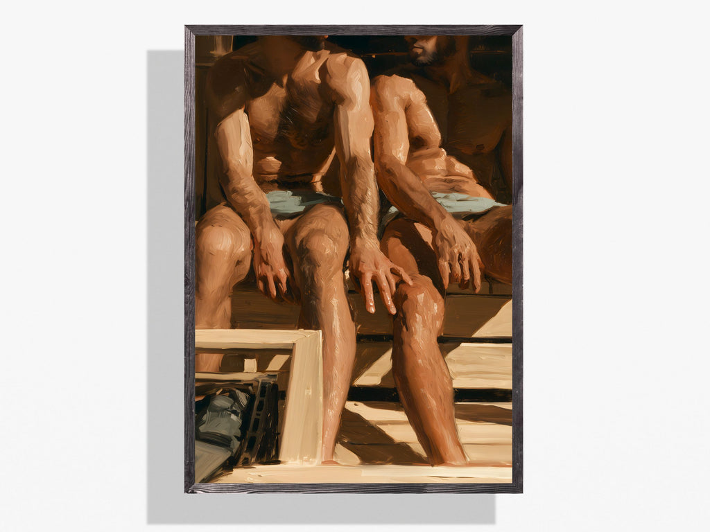 A framed art print depicting three muscular men sitting on wooden steps, rendered in warm brown and beige tones with a dark frame, shown against a light gray background.