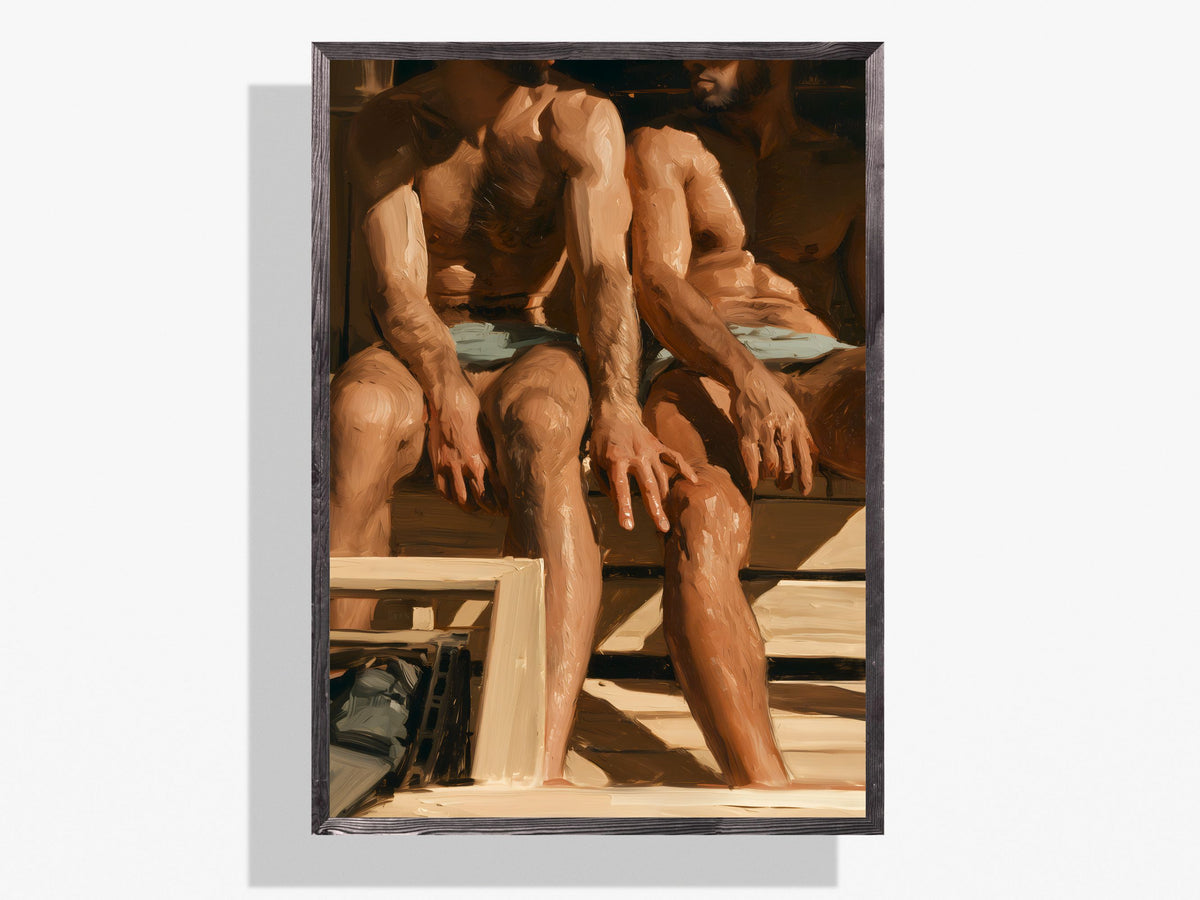 A framed art print depicting three muscular men sitting on wooden steps, rendered in warm brown and beige tones with a dark frame, shown against a light gray background.