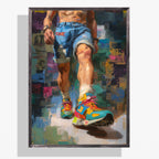 Step Forward gay art print in a dark wood frame, a muscular man striding forward in denim shorts and turquoise, yellow and pink high-top trainers