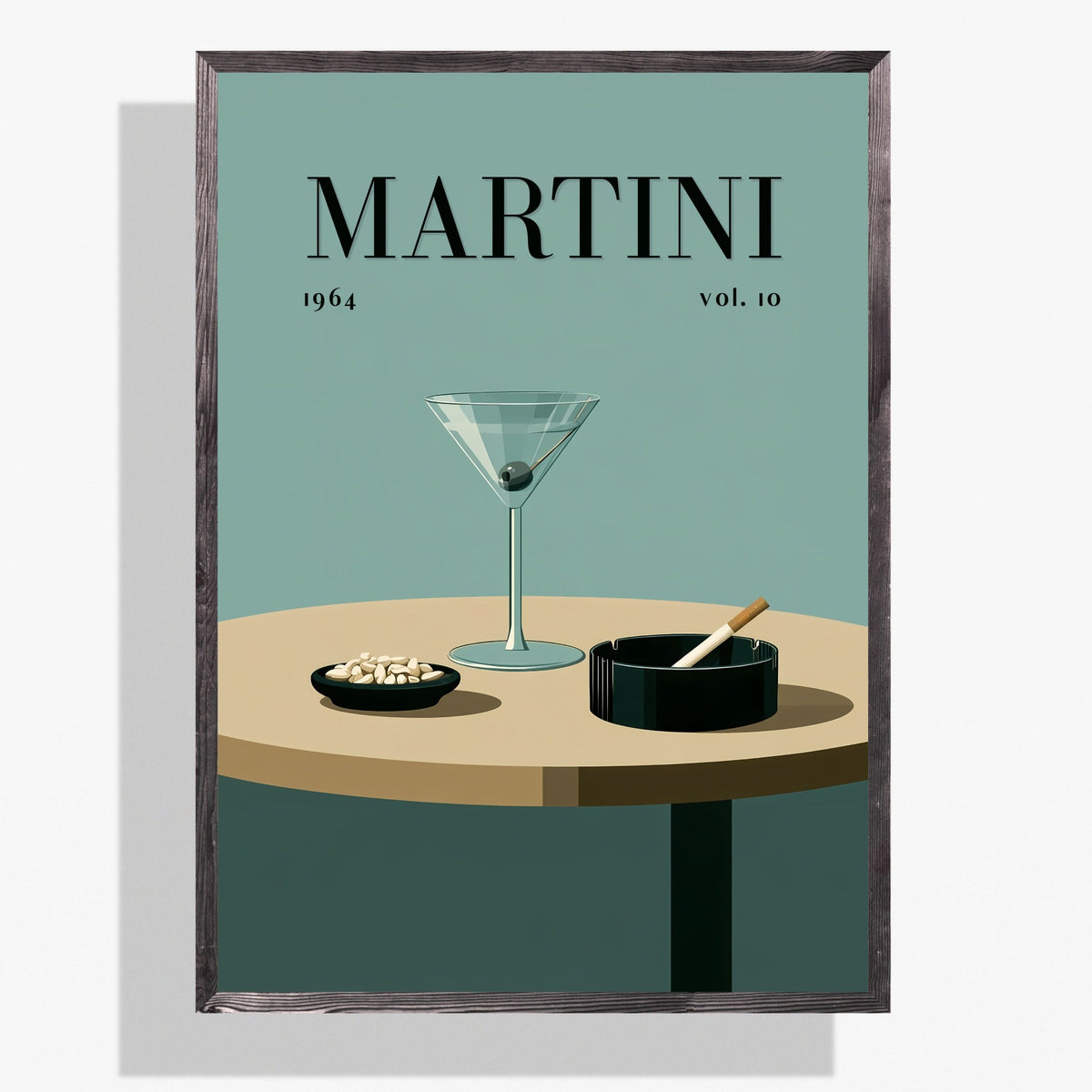 A framed art print featuring a retro-style Martini magazine cover illustration with the word 'MARTINI' at the top, a martini glass, a small dish, and an ashtray on a table against a muted teal background.