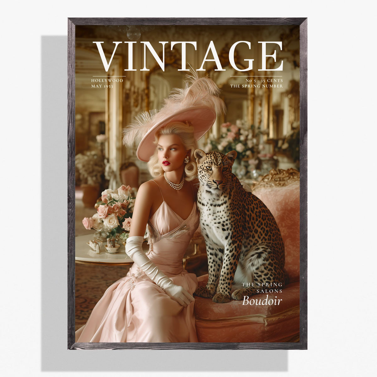 A framed vintage-style magazine cover featuring the word VINTAGE at the top and a woman in a pale pink dress and hat seated beside a leopard in an ornate interior. The product appears to be the framed print/poster itself, shown against a light gray background.