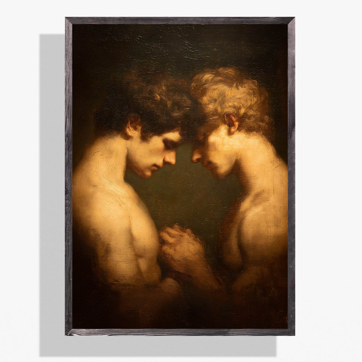 A framed classical painting depicting two muscular male figures facing each other in a dark, dramatic composition, shown against a light gray background.