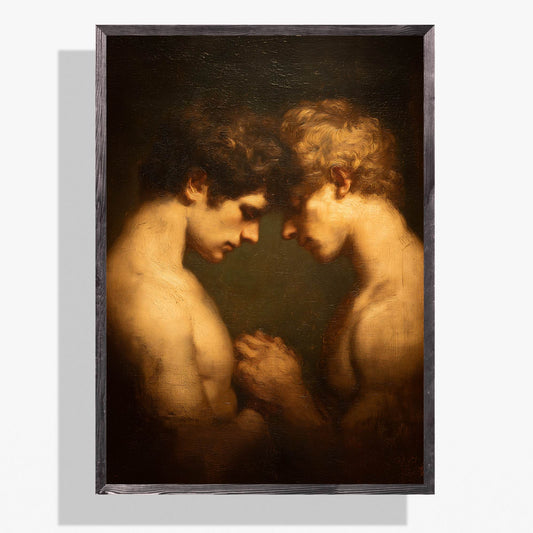 A framed classical painting depicting two muscular male figures facing each other in a dark, dramatic composition, shown against a light gray background.
