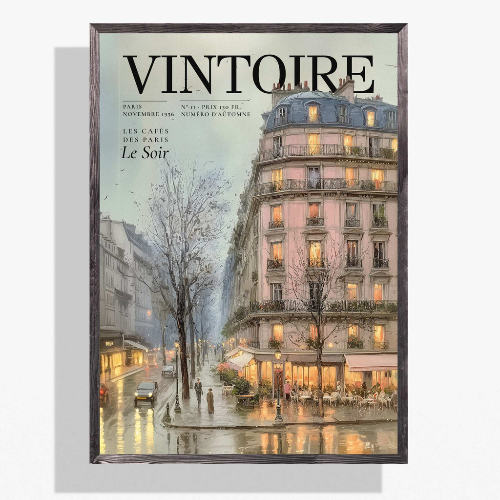 Vintoire Rainy Paris vintage magazine cover poster in a black frame, showing a pink Haussmann building and glowing café on a rainy Paris street, November 1956 issue.