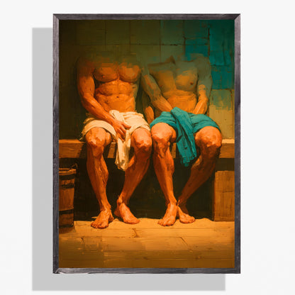 A framed art print depicting two shirtless men sitting on a bench wrapped in white and teal cloths, set against a warm yellow-orange glow, shown on a light gray background.