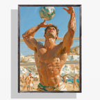 A framed art print depicting a muscular man balancing a soccer ball on his head at a beach, shown against a clean white background.