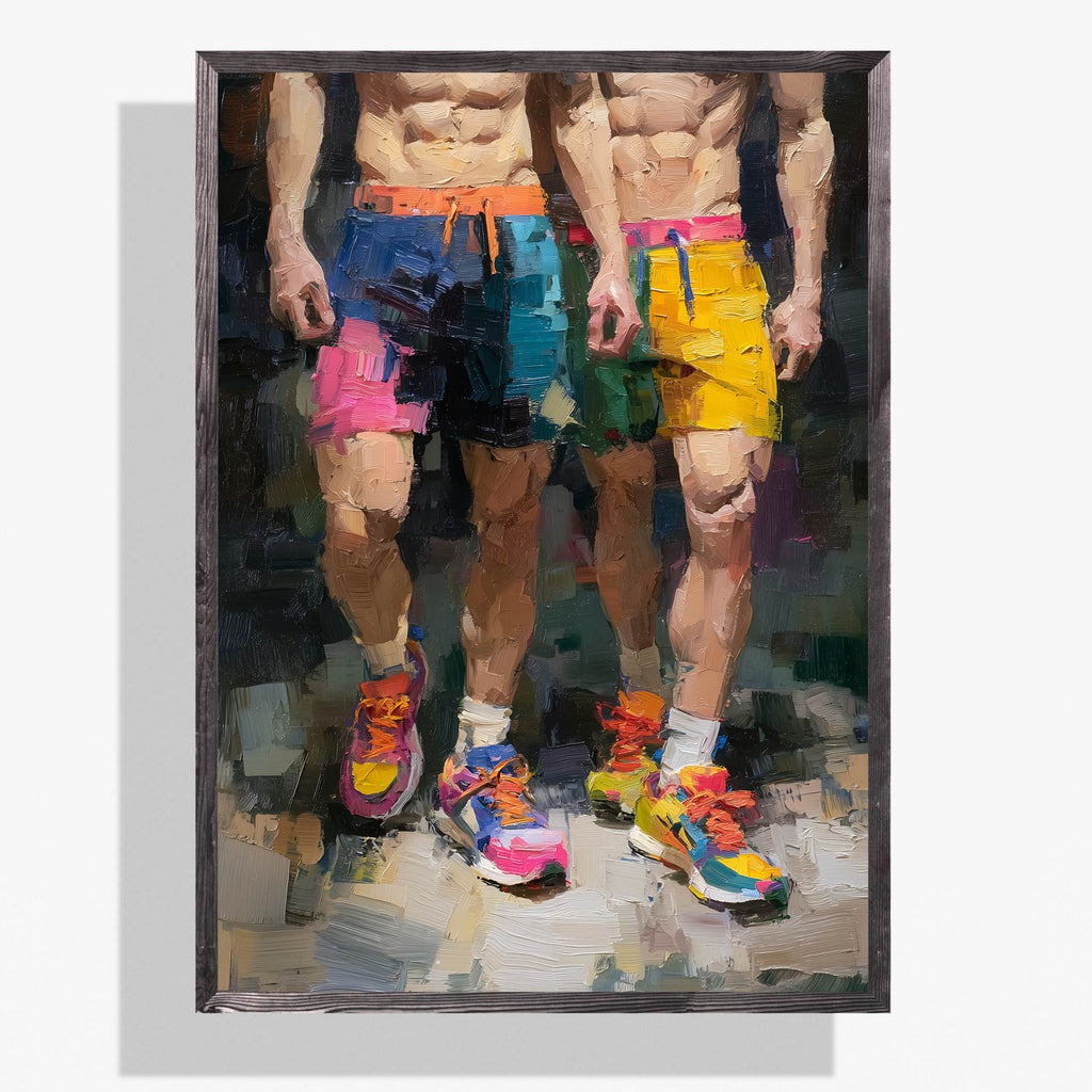 Two of a Kind gay couple art print in a dark wood frame, two muscular men side by side in colour-block and yellow shorts with bright running trainers