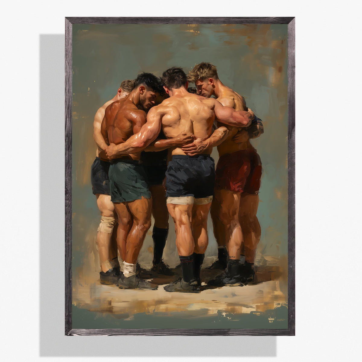 A framed oil painting depicting four rugby players huddled together, shown against a light gray background with a soft drop shadow.