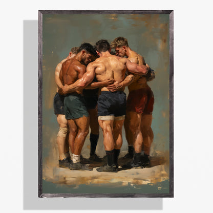 A framed oil painting depicting four rugby players huddled together, shown against a light gray background with a soft drop shadow.