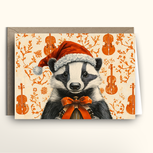 Greeting card with a badger wearing a Santa hat and bow tie on a violin patterned background