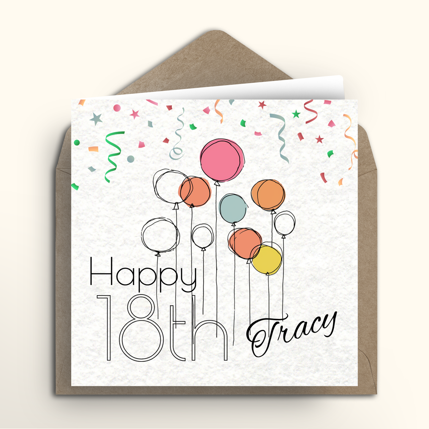 Greeting card with colorful balloons and 'Happy 18th Tracy' text on a white background with a brown envelope.