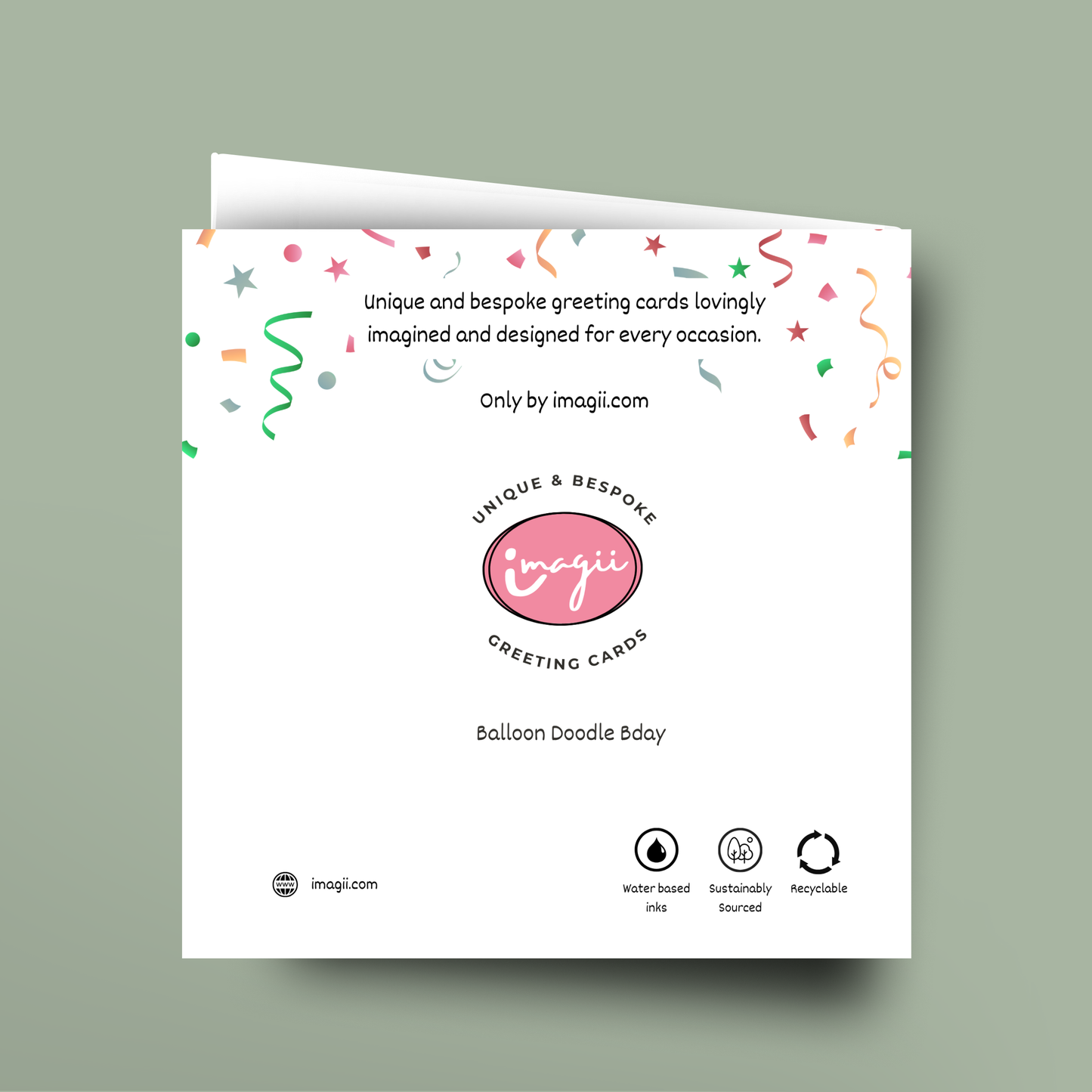 Greeting card with 'imagii' branding and text on a light green background