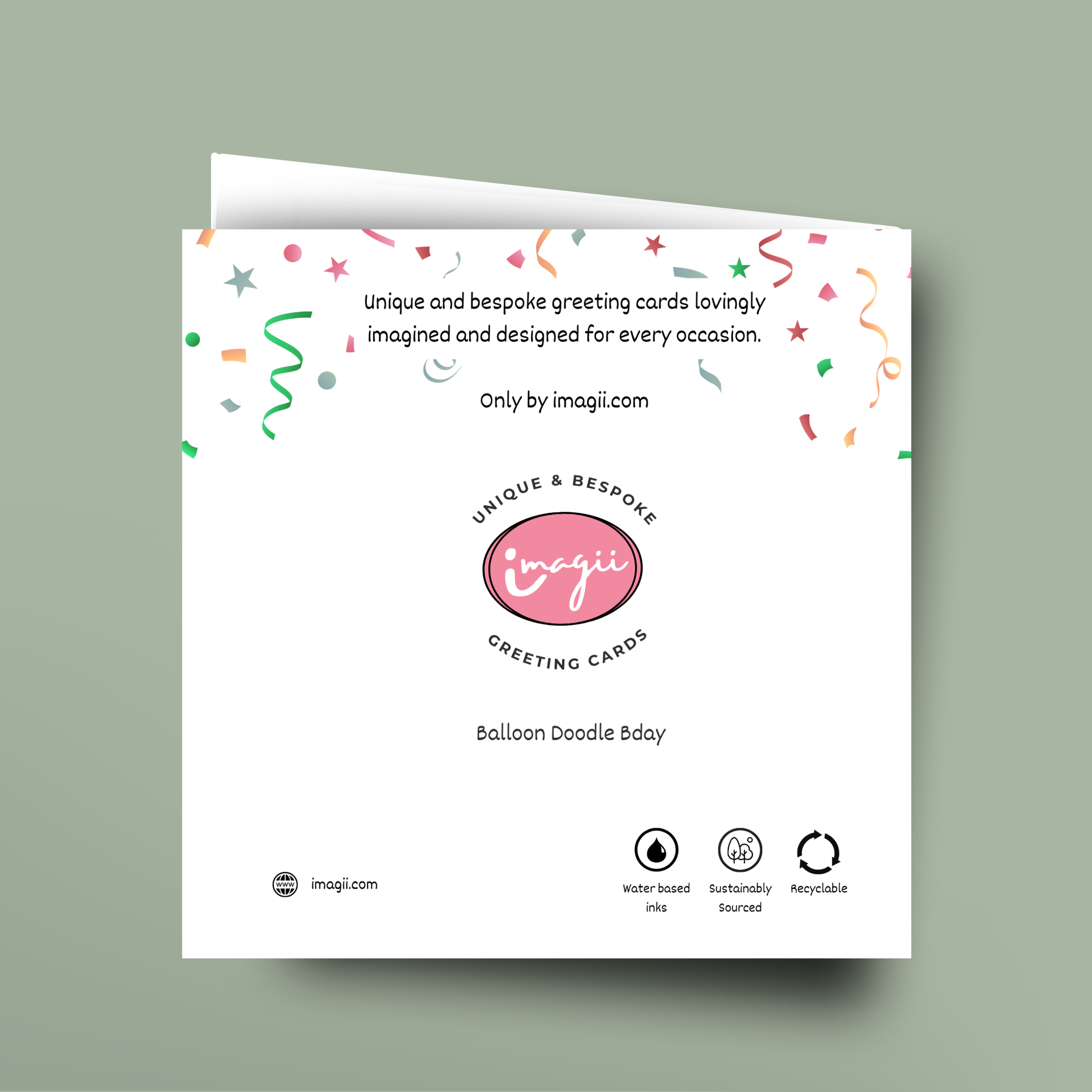 Greeting card with 'imagii' branding and text on a light green background