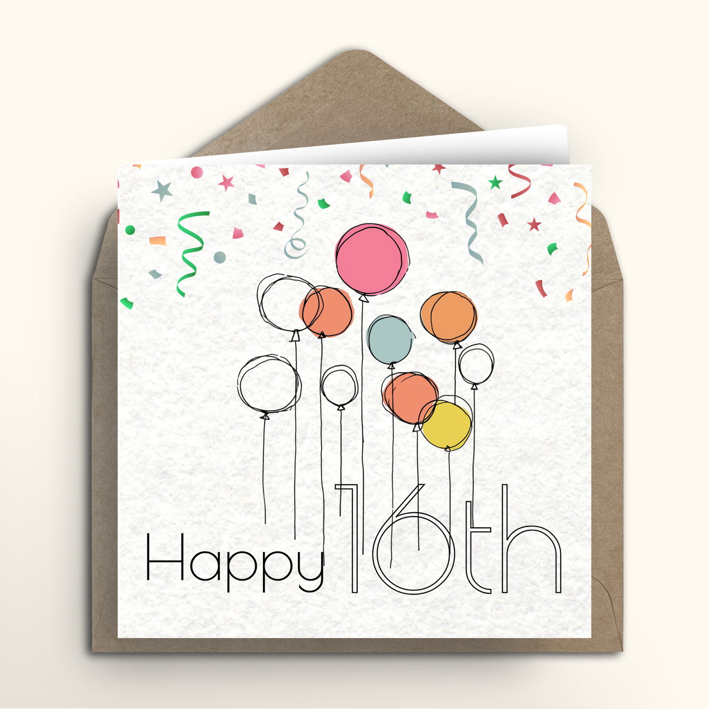 Birthday card with colorful balloons and 'Happy 16th' text on a white background with a brown envelope.