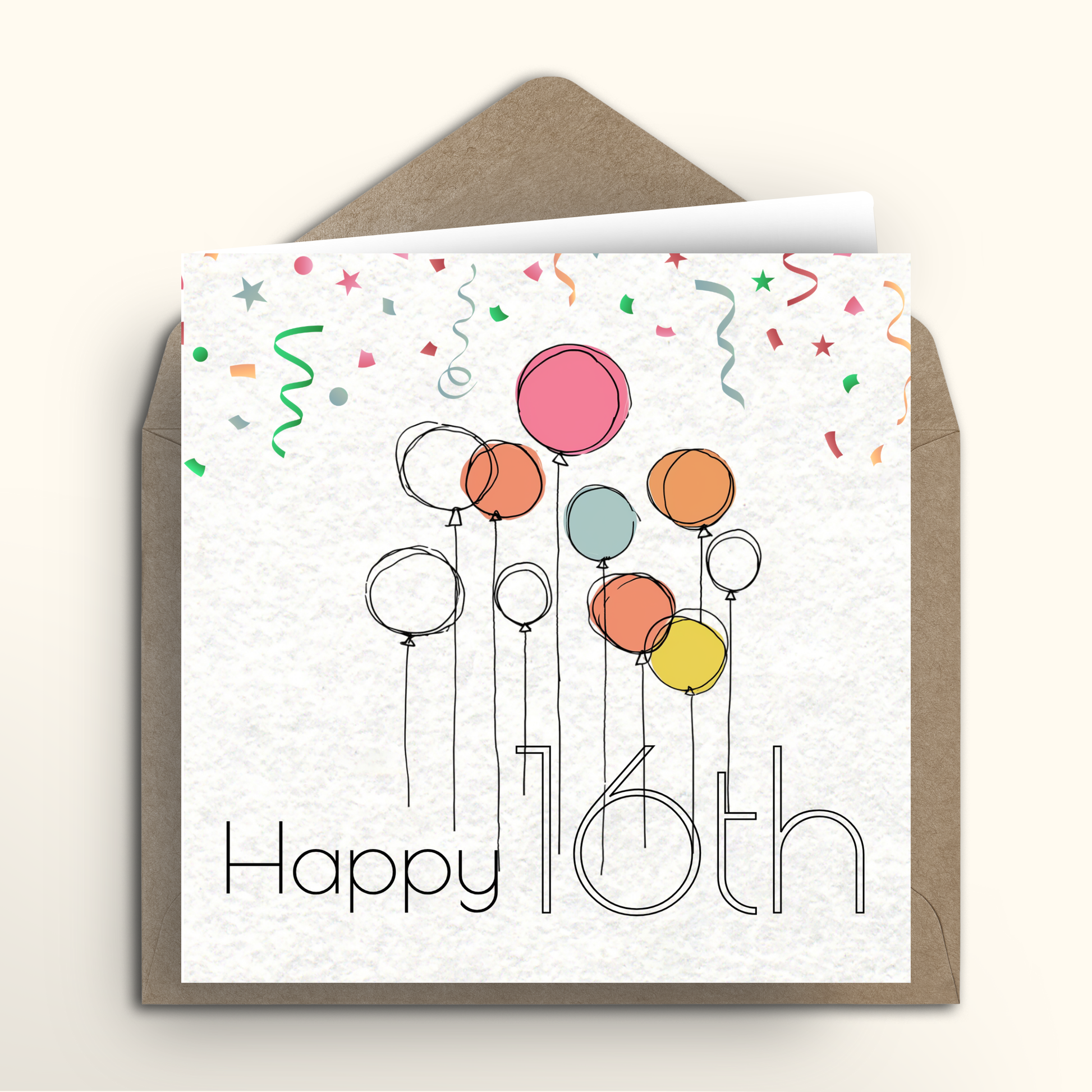 Birthday card with colorful balloons and 'Happy 16th' text on a white background with a brown envelope.