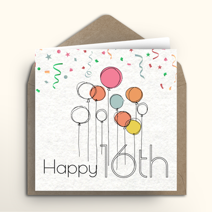 Birthday card with colorful balloons and 'Happy 16th' text on a white background with a brown envelope.