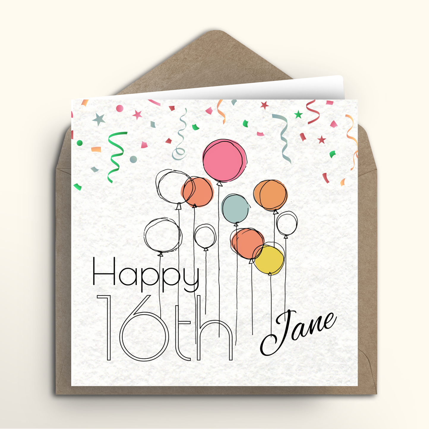 Greeting card with colorful balloons and 'Happy 16th Jane' text on a white background with a brown envelope.
