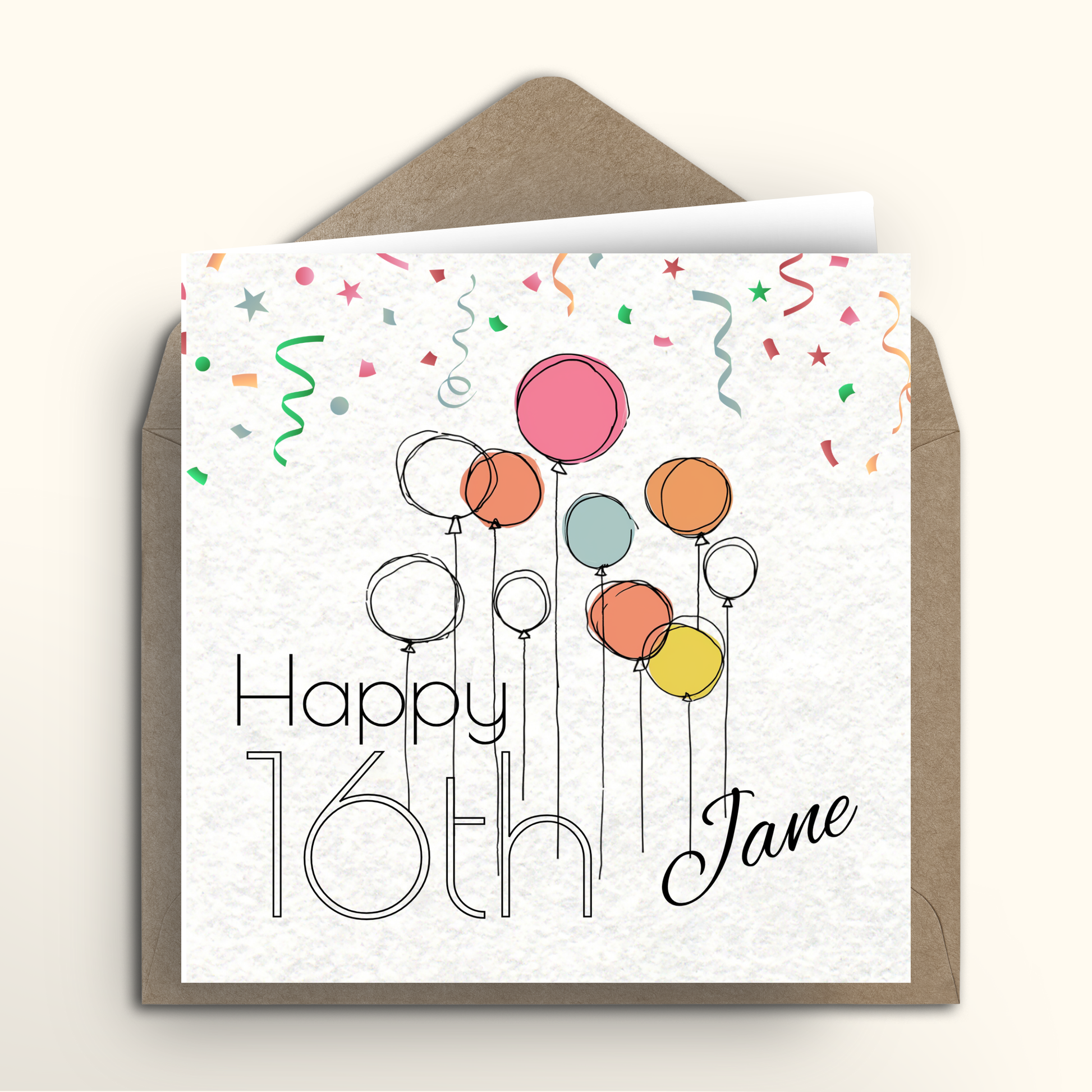 Greeting card with colorful balloons and 'Happy 16th Jane' text on a white background with a brown envelope.